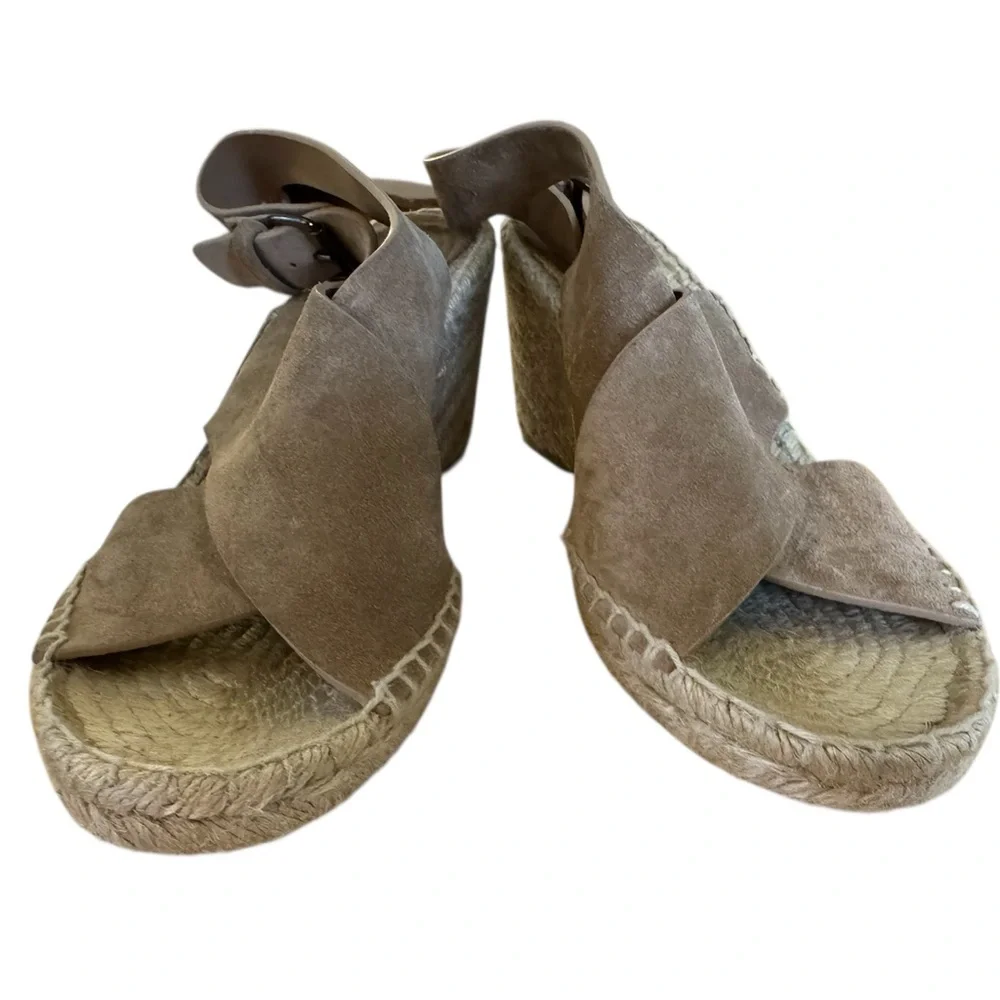 Vince Sabrina Suede Beige Tan Espadrille Wedge Sandals Crisscross Size 9